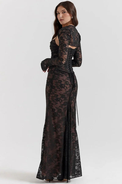 LAVIVE Shoulder-On Floral Lace Maxi Dress