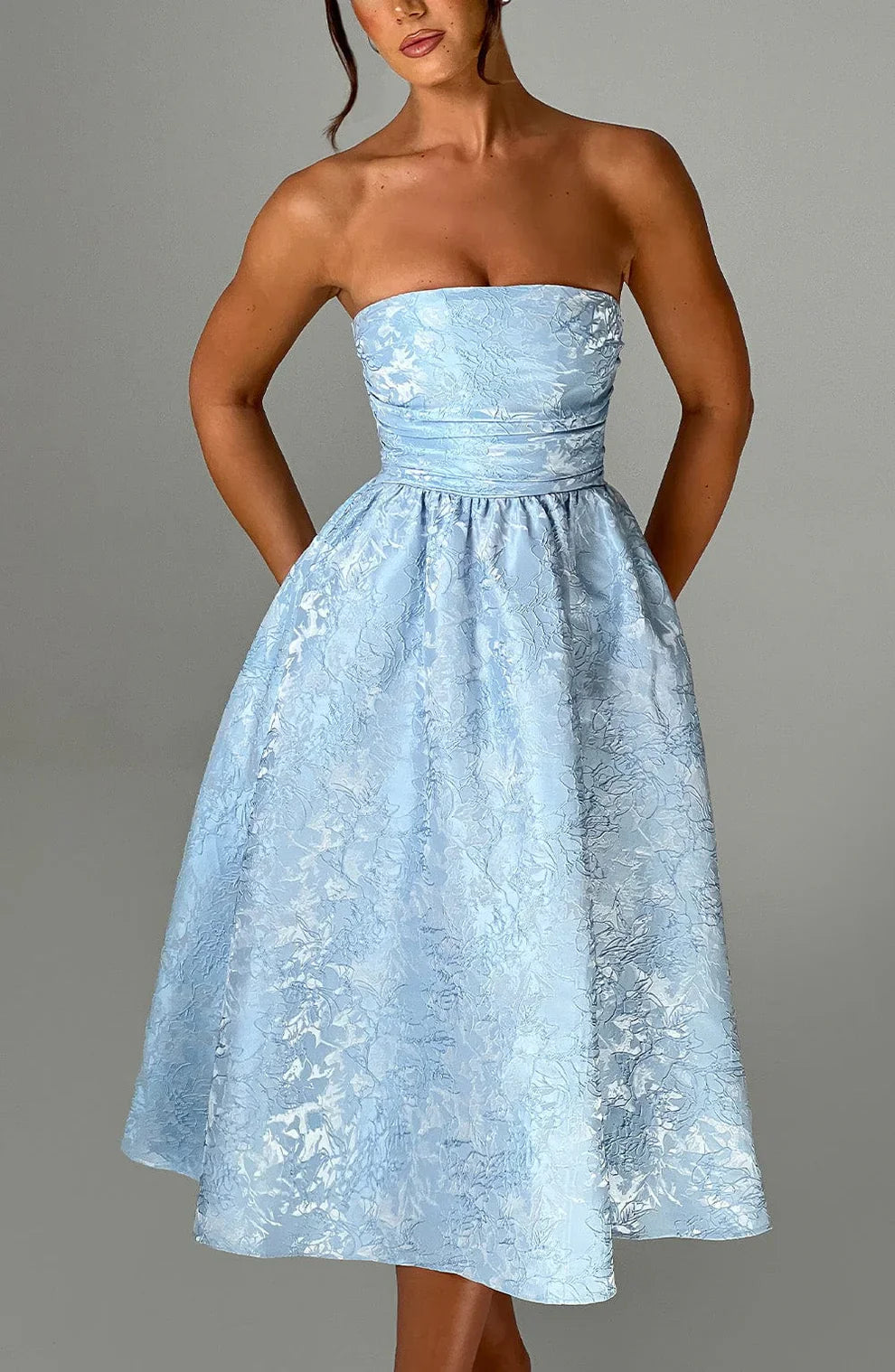 LAVIVE Strapless Jacquard Midi Dress