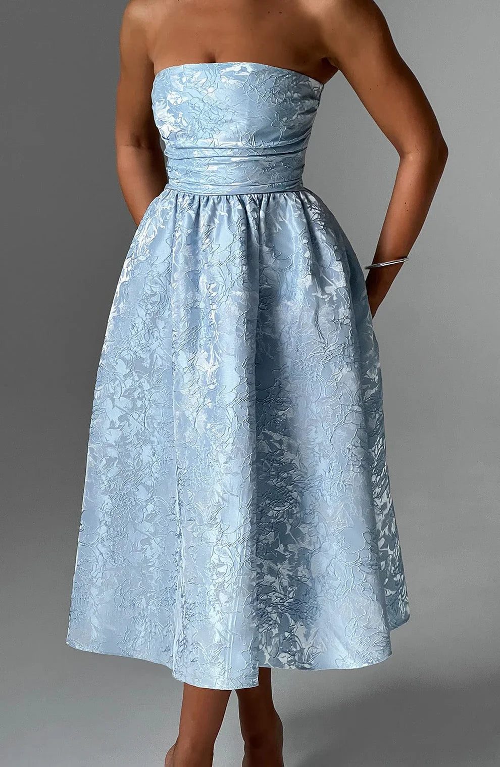 LAVIVE Strapless Jacquard Midi Dress