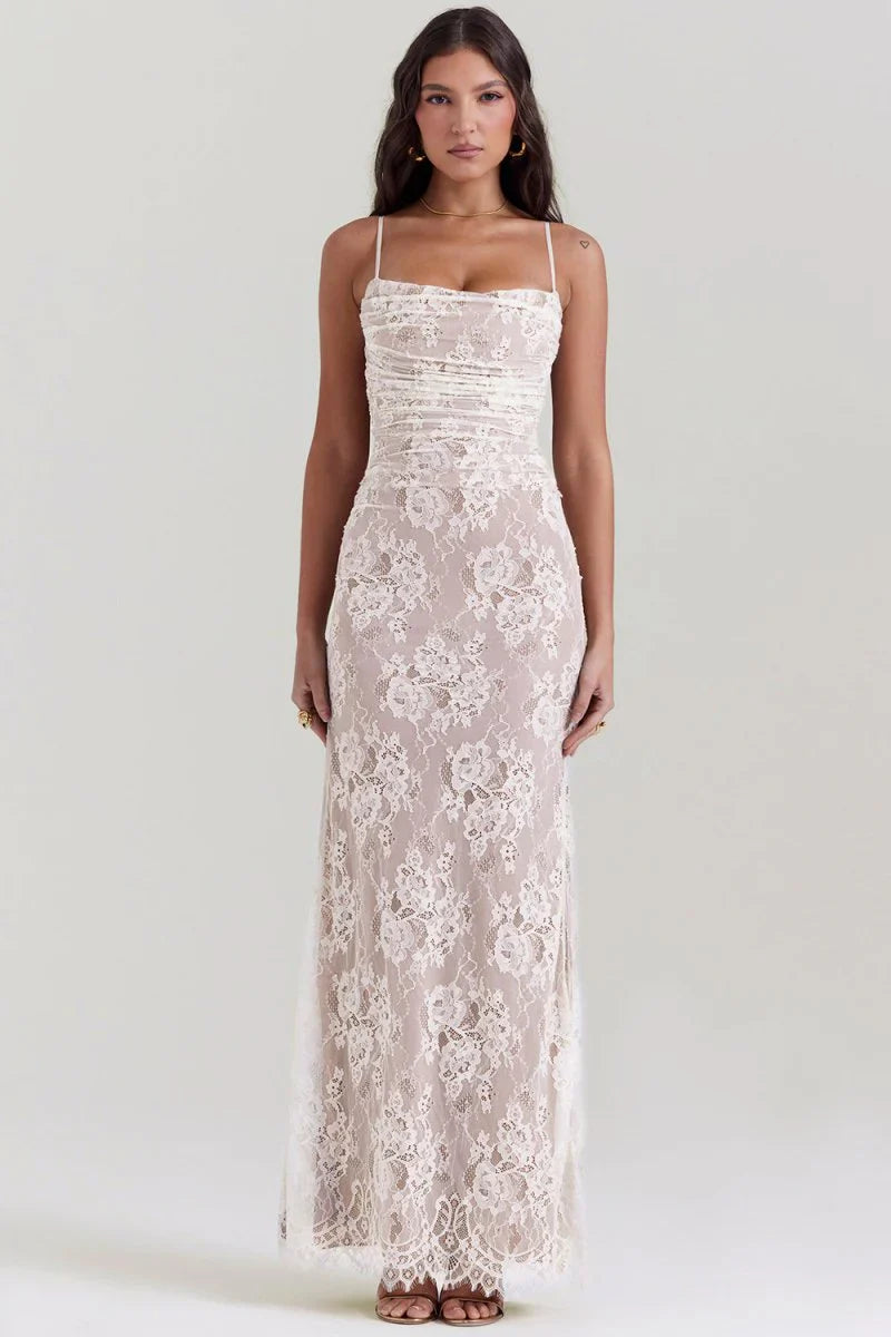 LAVIVE Shoulder-On Floral Lace Maxi Dress