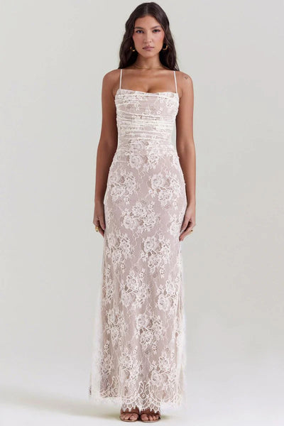 LAVIVE Shoulder-On Floral Lace Maxi Dress