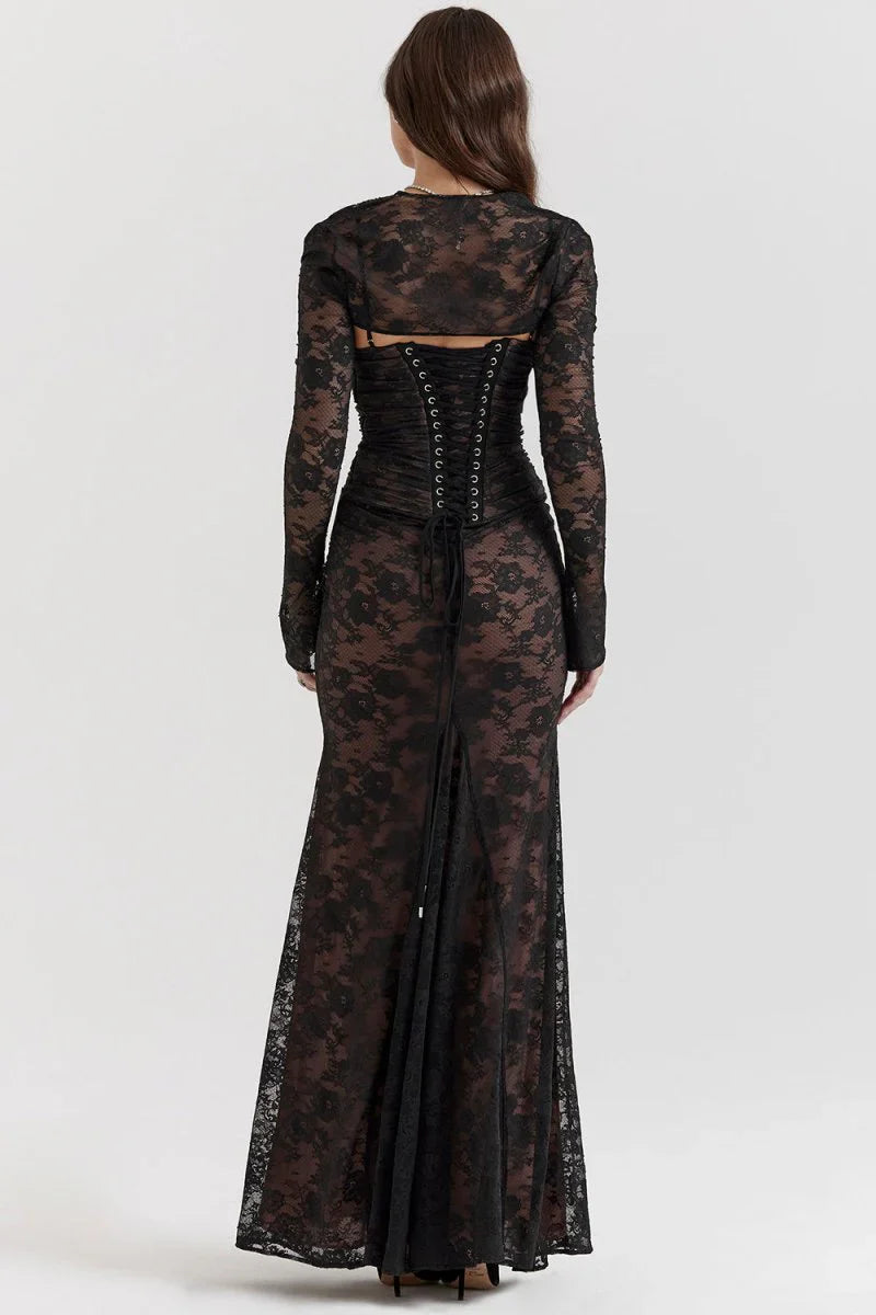 LAVIVE Shoulder-On Floral Lace Maxi Dress
