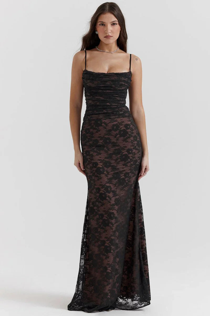 LAVIVE Shoulder-On Floral Lace Maxi Dress