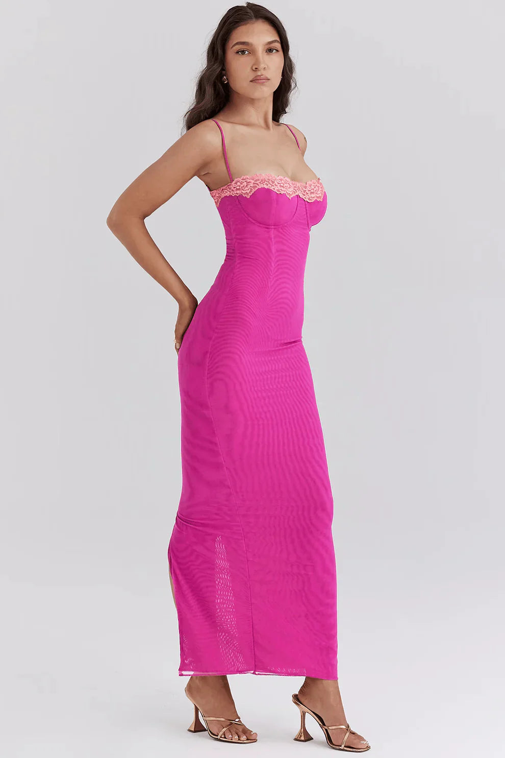 LAVIVE Contrast Lace Slit Maxi Dress