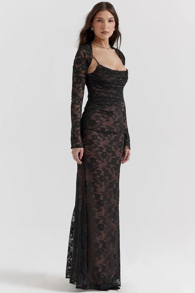 LAVIVE Shoulder-On Floral Lace Maxi Dress