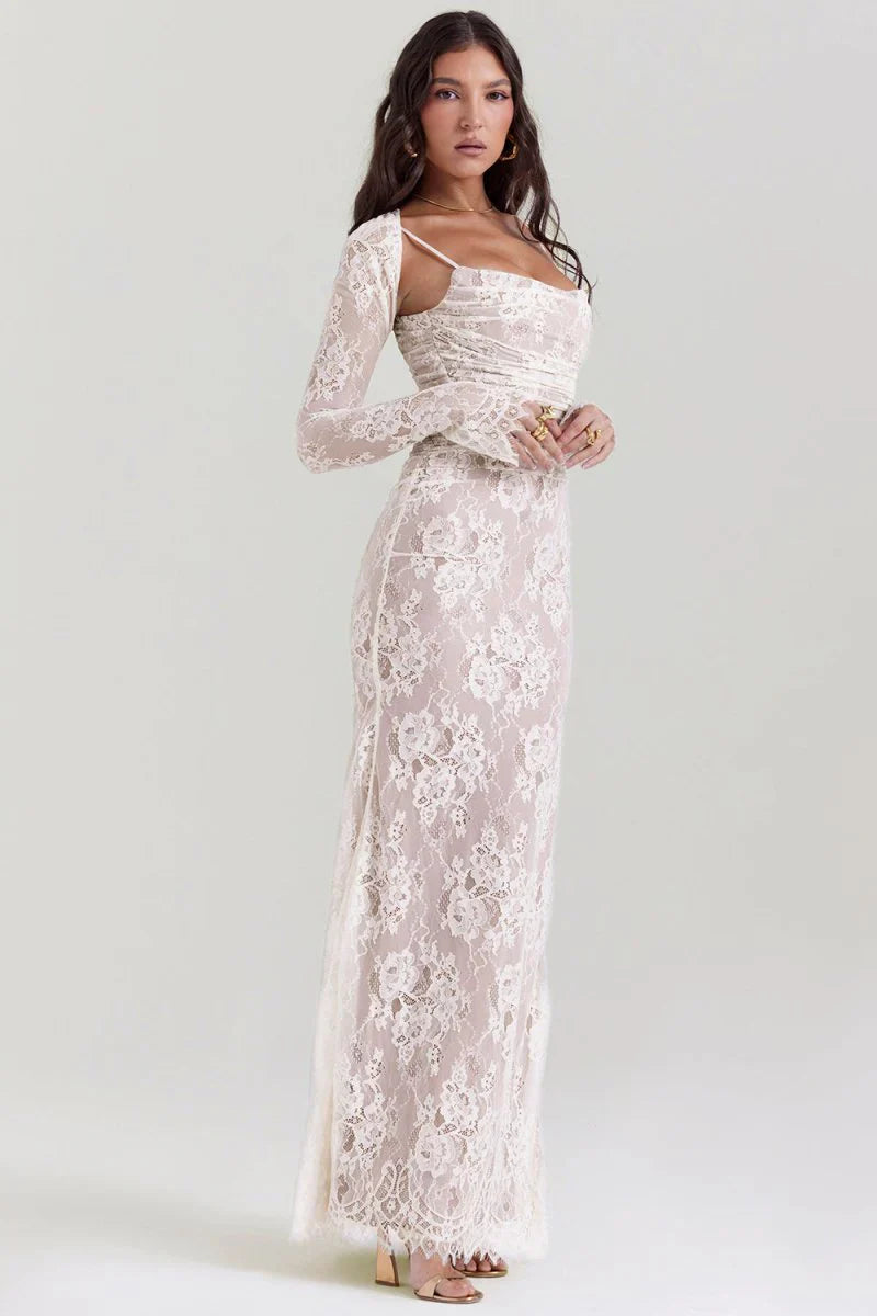 LAVIVE Shoulder-On Floral Lace Maxi Dress