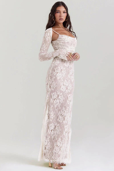 LAVIVE Shoulder-On Floral Lace Maxi Dress