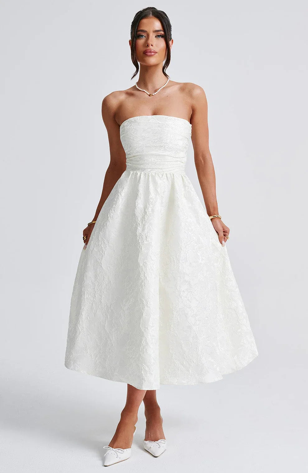 LAVIVE Strapless Jacquard Midi Dress