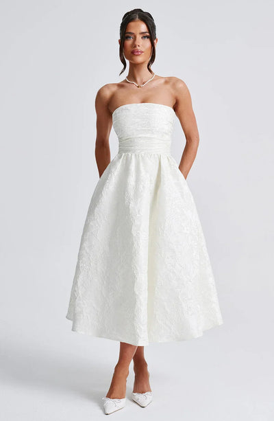 LAVIVE Strapless Jacquard Midi Dress